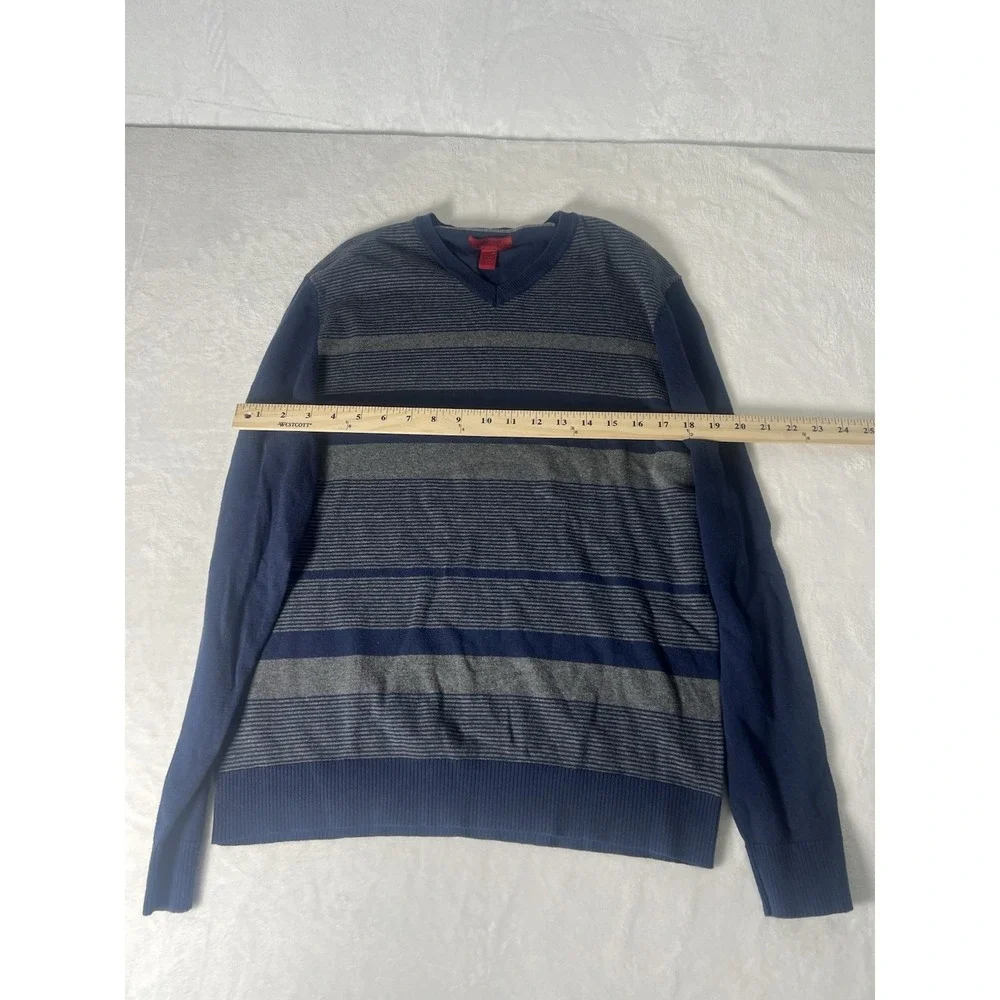 Alfani Men Long Sleeve V-Neck Cotton Striped Pullover Shirt Blue Size Medium